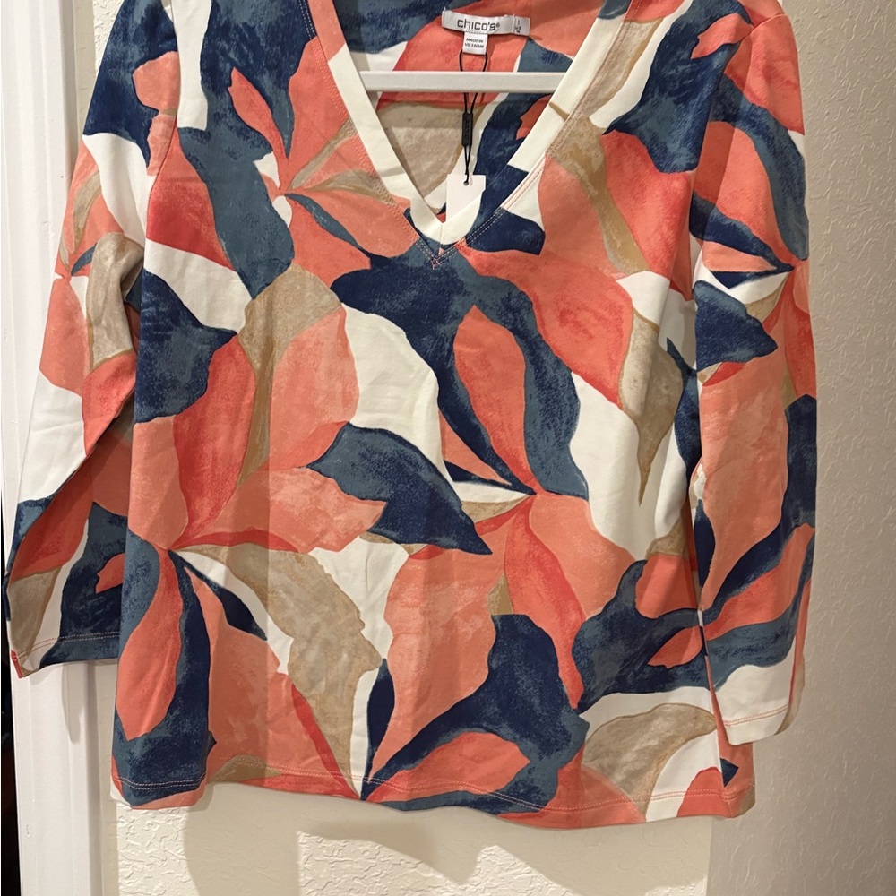 Chico's Vibrant Leaf Print V-Neck Blouse